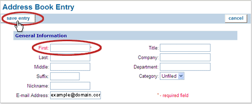 Address Book Entry Screen